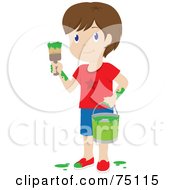 Poster, Art Print Of Little Brunette Caucasian Boy Painting With Green Paint
