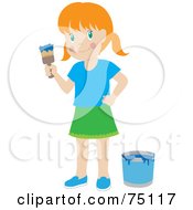 Little Red Haired Caucasian Girl Painting With Blue Paint