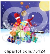 Poster, Art Print Of Santa Behind A Stack Of Christmas Presents Tossing Them Into The Sky On Christmas Eve