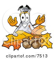 Clipart Picture Of An Erlenmeyer Conical Laboratory Flask Beaker Mascot Cartoon Character With Autumn Leaves And Acorns In The Fall