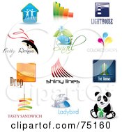 Digital Collage Of Couple Bar Graph Lighthouse Fashion Snail Color Droplets Lines Arrows Sandwich Ladybug And Panda Icon Logos
