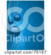 Royalty Free RF Clipart Illustration Of Three Blue Christmas Baubles Hanging Over A Background Of Waves And Stars