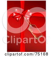 Poster, Art Print Of Red Christmas Background With A Red Bow Ribbons And Tag