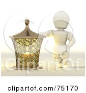 3d White Character Leaning On A Golden Candle Lantern