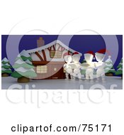 Group Of 3d White Characters Singing Christmas Carols Outside A House