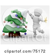 Poster, Art Print Of 3d White Character Bending A Christmas Tree To Put The Star Topper On