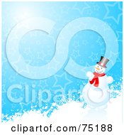 Poster, Art Print Of Blue Starry Background With A Snowman On A Hill