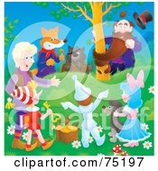 Royalty Free RF Clipart Illustration Of A Group Of Fantasy Creatures And Animals Around An Elf With A Golden Key