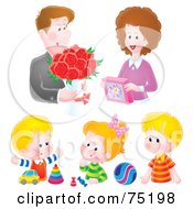 Poster, Art Print Of Digital Collage Of A Husband Giving His Wife Flowers And Their Three Kids Playing