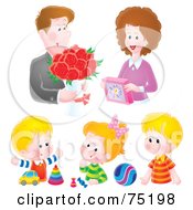 Royalty Free RF Clipart Illustration Of A Digital Collage Of A Husband Giving His Wife Flowers And Their Three Kids Playing