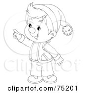 Royalty Free RF Clipart Illustration Of A Black And White Outline Of A Little Winter Boy Wearing A Hat And Pointing