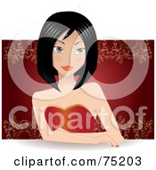 Royalty Free RF Clipart Illustration Of A Beautiful Asian Woman In A Red Dress Seated At A Table In Front Of Red Wallpaper