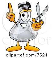 Clipart Picture Of An Erlenmeyer Conical Laboratory Flask Beaker Mascot Cartoon Character Holding A Pair Of Scissors