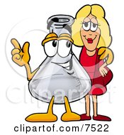 Poster, Art Print Of An Erlenmeyer Conical Laboratory Flask Beaker Mascot Cartoon Character Talking To A Pretty Blond Woman
