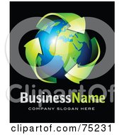 Pre-Made Business Logo Of Green Recycle Arrows Around A Shiny Navy Bue And Green Globe