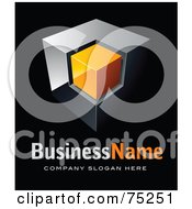 Royalty Free RF Clipart Illustration Of A Pre Made Business Logo Of A Chrome And Orange Cube On Black by beboy