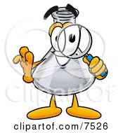 Clipart Picture Of An Erlenmeyer Conical Laboratory Flask Beaker Mascot Cartoon Character Looking Through A Magnifying Glass