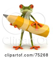 3d Green Tree Frog Holding A Large Yellow Pencil by Julos