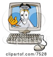 Clipart Picture Of An Erlenmeyer Conical Laboratory Flask Beaker Mascot Cartoon Character Waving From Inside A Computer Screen