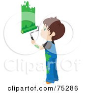 Poster, Art Print Of Little Caucasian Boy In Splattered Overalls Painting A Wall Green