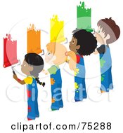 Poster, Art Print Of African American And Caucasian Boys And Girls In Splattered Overalls Painting A Wall Different Colors