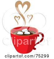 Red Cup Of Hot Chocolate With Marshmallows And Steam Hearts