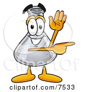 Poster, Art Print Of An Erlenmeyer Conical Laboratory Flask Beaker Mascot Cartoon Character Waving And Pointing