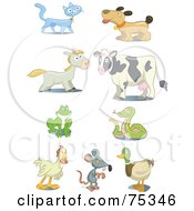 Royalty Free RF Clipart Illustration Of A Digital Collage Of A Cat Dog Horse Cow Frog Snake Rooster Mouse And Mallard