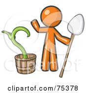 Orange Man Holding A Shovel By A Potted Plant