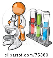 Poster, Art Print Of Orange Man Scientist Using A Microscope By Vials
