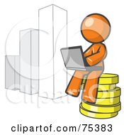 Poster, Art Print Of Orange Man Sitting On Coins And Using A Laptop By A Bar Graph