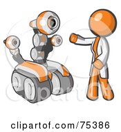 Poster, Art Print Of Orange Man Inventor With A Rover Robot