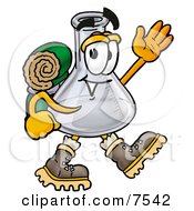 Poster, Art Print Of An Erlenmeyer Conical Laboratory Flask Beaker Mascot Cartoon Character Hiking And Carrying A Backpack