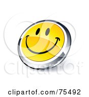 Royalty Free RF Clipart Illustration Of A Round Yellow And Chrome 3d Happy Face Web Site Button
