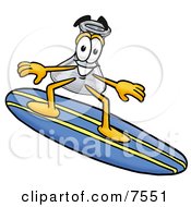 Poster, Art Print Of An Erlenmeyer Conical Laboratory Flask Beaker Mascot Cartoon Character Surfing On A Blue And Yellow Surfboard