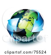 Poster, Art Print Of 3d Double Ended Blue Arrow Around A Green And Navy Blue Shiny Planet Earth