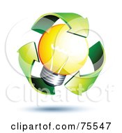 Poster, Art Print Of Three 3d Green Recycle Arrows Around A Yellow Light Bulb