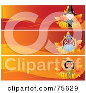 Royalty Free RF Clipart Illustration Of A Digital Collage Of Three Thanksgiving Banners Pilgrim Turkey And Native American by Pushkin
