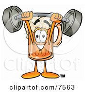Clipart Picture Of A Beer Mug Mascot Cartoon Character Holding A Heavy Barbell Above His Head