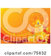 Poster, Art Print Of Lit Candle With Berries Leaves And A Pumpkin On An Orange Thanksgiving Background