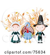 Poster, Art Print Of Thanksgiving Turkey Holding Hands With Pilgrims In Front Of Autumn Branches