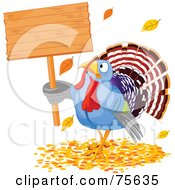 Poster, Art Print Of Thanksgiving Turkey Holding A Blank Wooden Sign In Autumn Leaves