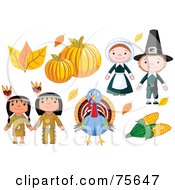 Poster, Art Print Of Thanksgiving Digital Collage Of Autumn Leaves Pumpkins Pilgrims Corn A Turkey And Native Americans