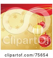 Royalty Free RF Clipart Illustration Of Ornate Red And Golden Christmas Bulbs Over A Snowflake Gold Background With Red Waves by Pushkin