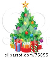 Christmas Tree With Colorful Baubles Surrounded By Gift Boxes