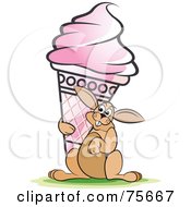 Royalty Free RF Clipart Illustration Of A Happy Hare Carrying A Giant Strawberry Ice Cream Cone by Lal Perera