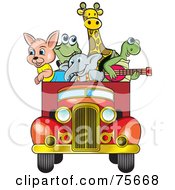 Poster, Art Print Of Animals Riding In The Back Of A Vintage Red Truck