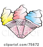 Royalty Free RF Clipart Illustration Of Three Yellow Pink And Blue Frozen Yogurt Ice Cream Cones by Lal Perera