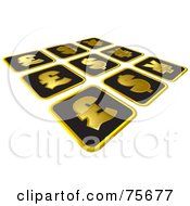 Royalty Free RF Clipart Illustration Of Gold And Black Pound Dollar And Yen Currency Tiles by Lal Perera
