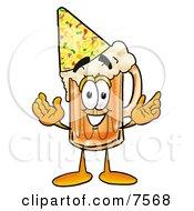 Beer Mug Mascot Cartoon Character Wearing A Birthday Party Hat